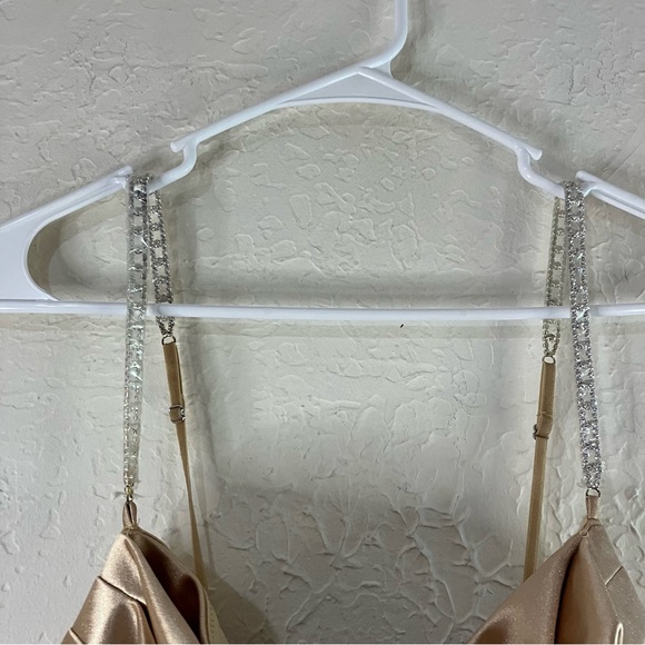 Oh Polly Embellish The Moment Ruched Satin Metallic Knee Length Dress in Gold - Picture 10 of 15